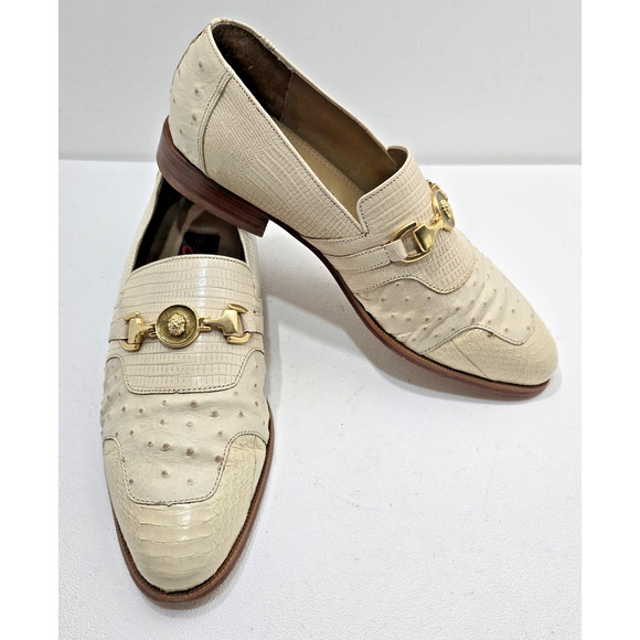 Giorgio Brutini Private Collection Cream Snakeskin/Ostrich Loafers Mens Sz 9.5 M - Picture 1 of 9